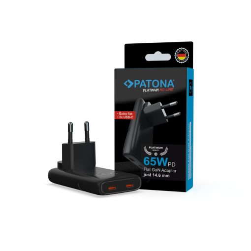 PATONA Premium GaN PD65W Lapos Adapter 2xUSB-C PD3.0 QC3.0 (2596) - Fekete