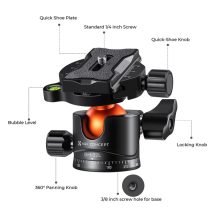 K&F Concept BH-32L állvány gömbfej, 32mm, 12kg teherbírás, vízmérték, arca swiss, 3/8"-1/4" (KF-31-042V1)