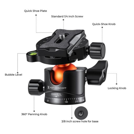 K&F Concept BH-32L állvány gömbfej, 32mm, 12kg teherbírás, vízmérték, arca swiss, 3/8"-1/4" (KF-31-042V1)
