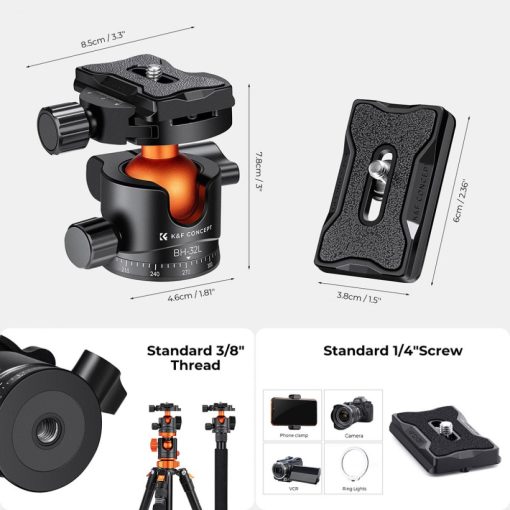 K&F Concept BH-32L állvány gömbfej, 32mm, 12kg teherbírás, vízmérték, arca swiss, 3/8"-1/4" (KF-31-042V1)