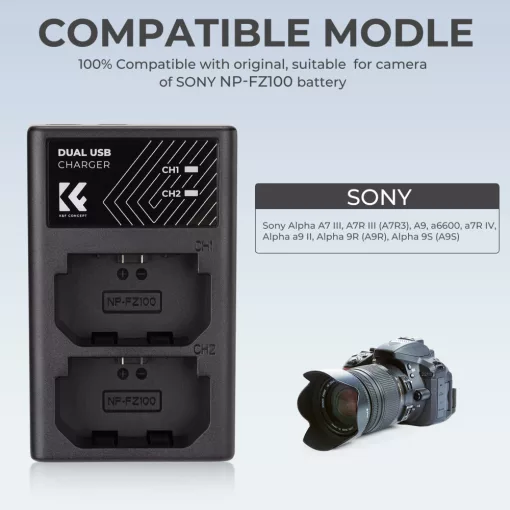 K&F Concept hordozható dupla BC-QZ1 akkumulátor töltő, USB-C, 2db FZ100 akkumulátorhoz (KF-28-0010)