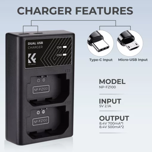 K&F Concept hordozható dupla BC-QZ1 akkumulátor töltő, USB-C, 2db FZ100 akkumulátorhoz (KF-28-0010)