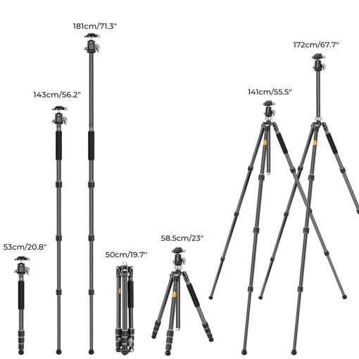 K&F Concept X254C4+BH-30 karbon állvány + monopod, 172cm magasság, 12kg teherbírás (KF-09-116)