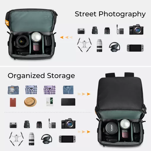 K&F Concept Collapsible Backpack 22L, fotós hátizsák, oldaltáskáva csukható, fekete (KF-13-129)