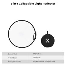 K&F Concept 5in1 derítőlap, reflektor fogantyúval 60cm (feh, fek, arany, ezüst, transp) + hordtáska (KF-18-0004)