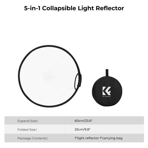 K&F Concept 5in1 derítőlap, reflektor fogantyúval 60cm (feh, fek, arany, ezüst, transp) + hordtáska (KF-18-0004)
