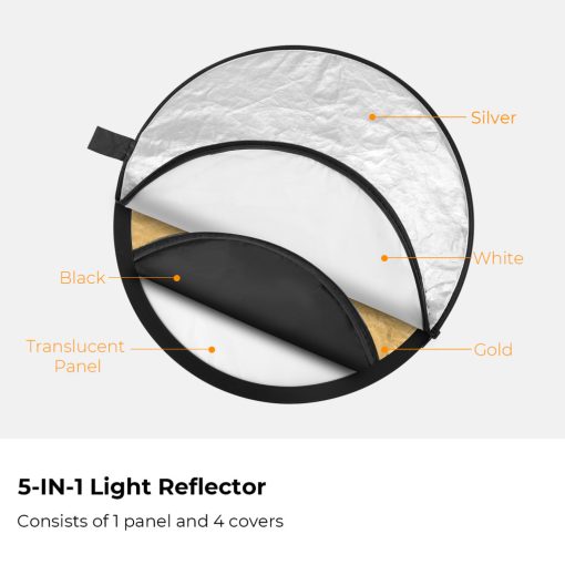 K&F Concept 5in1 derítőlap, reflektor fogantyúval 80cm (feh, fek, arany, ezüst, transp) + hordtáska (KF-18-0005)