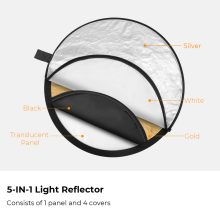 K&F Concept 5in1 derítőlap, reflektor fogantyúval 110cm (feh, fek, arany, ezüst, transp) + hordtáska (KF-18-0006)