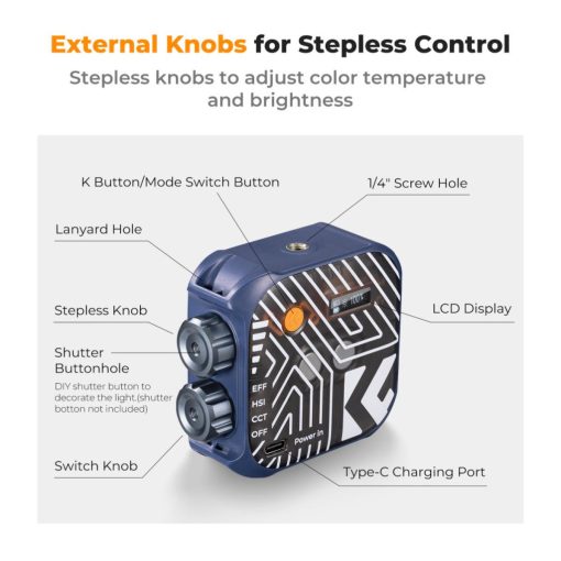 K&F Concept RGB LED lámpa, 2500-9900K, CRI 96+, 2000mAh, 21 fényeffekt, kék (KF-34-036)