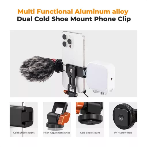 K&F Concept MS18 fém telefon tartó adapter, elforgatható, dönthető, 2 vakupapucs adapterrel (KF-31-094)