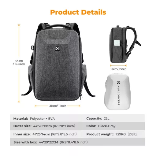 K&F Concept hardshell professzionális kamera hátizsák, 22L, 15.6 laptop zseb, szürke (KF-13-134V4)