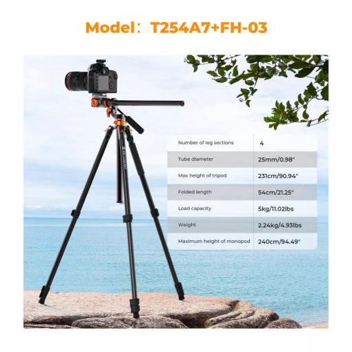 K&F Concept T254A7 + FH-03 videó állvány + monopod, elforgatható középoszloppal, fekete-narancssárga (KF-09-137)