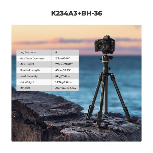 K&F Concept K234A0 állvány BH-28L gömbfej, 163cm magasság, 8kg teherbírás, telefontartóval (KF-09-149)