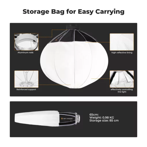 K&F Concept 65cm-es nyitható gömb softbox, lantern, Bowens csatlakozás, hordtáskával (KF-18-0009)
