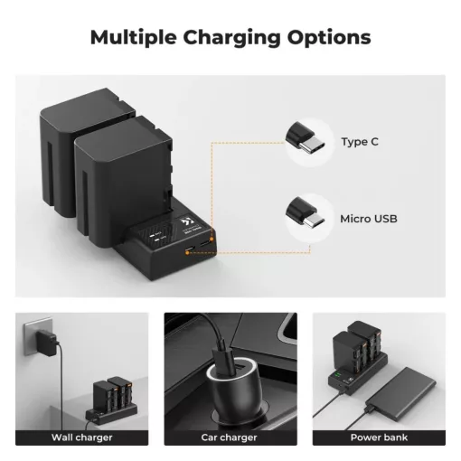 K&F Concept hordozható dupla USB-C akkumulátor NP-F970 töltő + 2db NP-F970 akkumulátor 6600mAh (KF-28-0047)