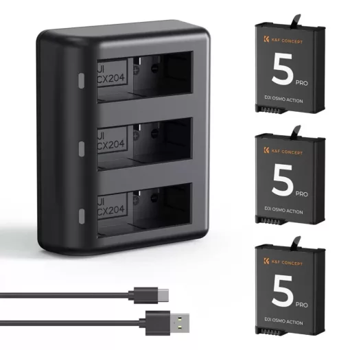 K&F Concept hordozható tripla USB-C akkumulátor töltő +3db DJI Osmo Action 5 Pro akkumulátor 2100mAh (KF-28-0086)