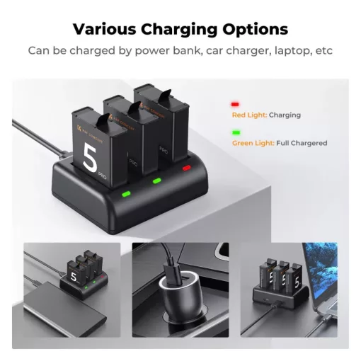 K&F Concept hordozható tripla USB-C akkumulátor töltő +3db DJI Osmo Action 5 Pro akkumulátor 2100mAh (KF-28-0086)