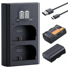   K&F Concept hordozható dupla USB-C akkumulátor LC-E6 töltő, LCD + 2db LP-E6NH akkumulátor 2600mAh (KF-28-0098)