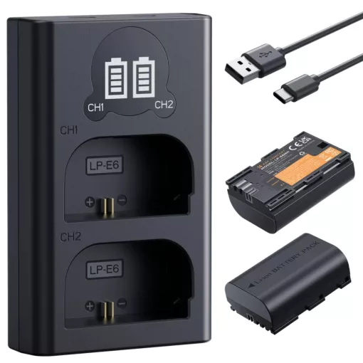 K&F Concept hordozható dupla USB-C akkumulátor LC-E6 töltő, LCD + 2db LP-E6NH akkumulátor 2600mAh (KF-28-0098)