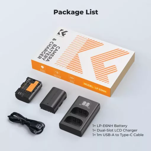 K&F Concept hordozható dupla USB-C akkumulátor LC-E6 töltő, LCD + 2db LP-E6NH akkumulátor 2600mAh (KF-28-0098)