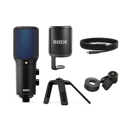 RODE NT-USB+ Professzionális kondenzátor USB mikrofon fejhallgató erősítővel, pop-filterrel és asztali állvánnyal, DSP, Connect & Central SW