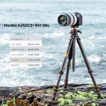 K&F Concept A255C2+BH-36L karbon állvány, 156cm magasság, 15kg teherbírás (KF-09-103V1)