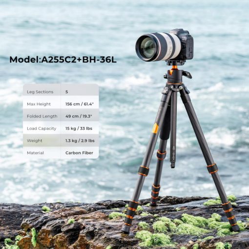 K&F Concept A255C2+BH-36L karbon állvány, 156cm magasság, 15kg teherbírás (KF-09-103V1)