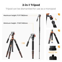 K&F Concept O255C4+FH-03 karbon videóállvány, 170cm magasság, 5kg teherbírás (KF-09-158)