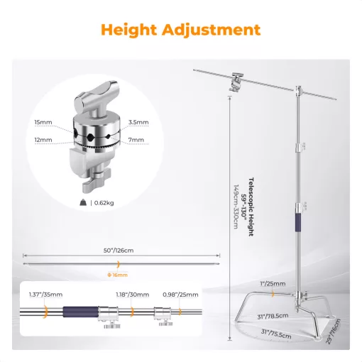 K&F Concept C-Stand állvány, 149cm-330cm, 20kg teherbírás, rozsdamentes acél (KF-34-037)